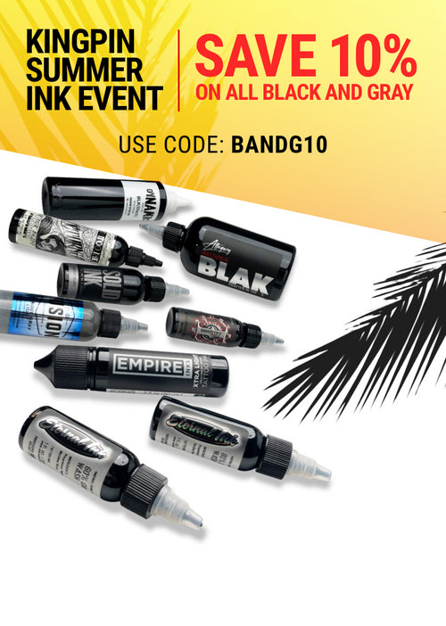 Kingpin Summer Ink Event continues! Save 10% on all black and gray tattoo ink! Use code BANDG10 at checkout
